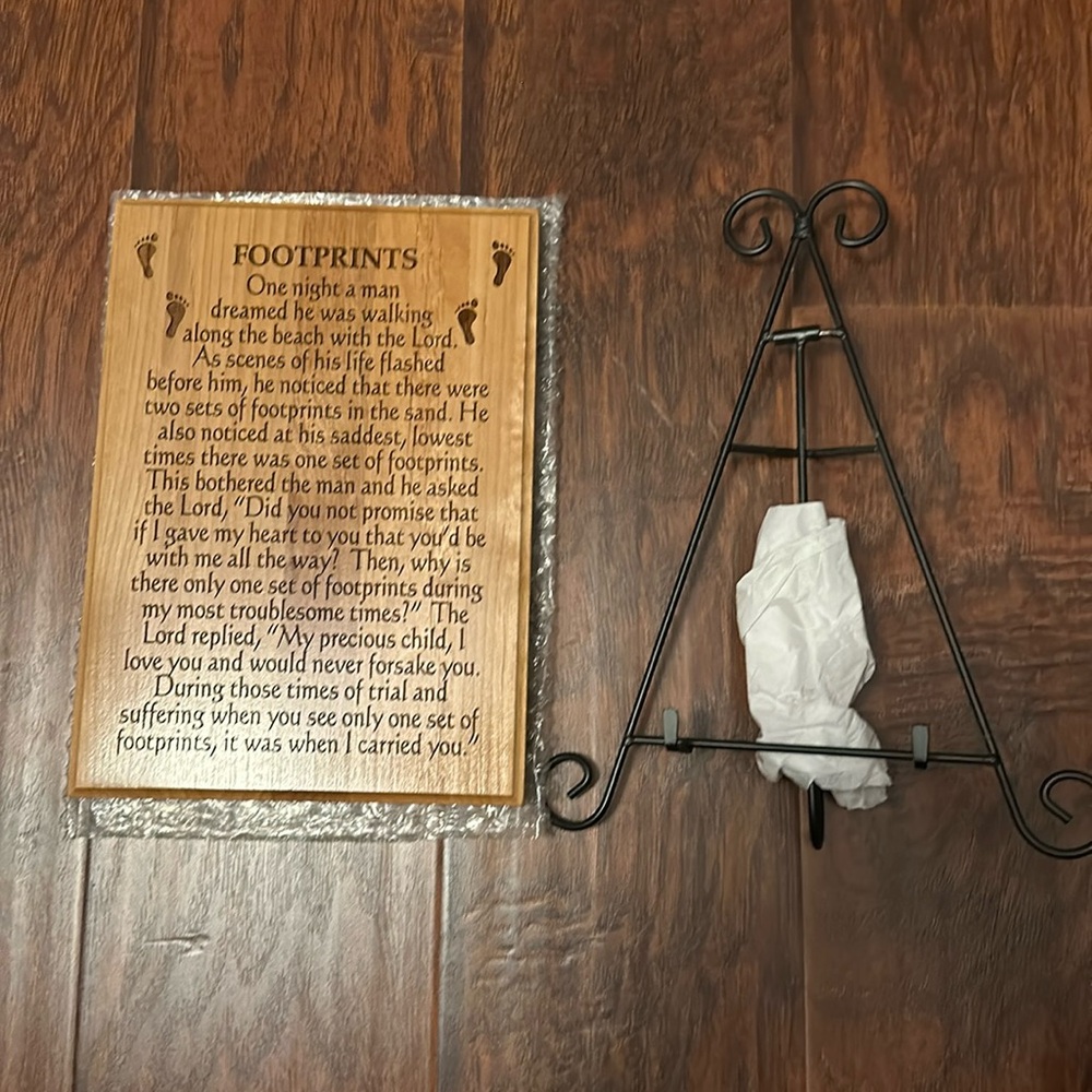 NEW - Footprints wood carving with stand. 11” x 8”.